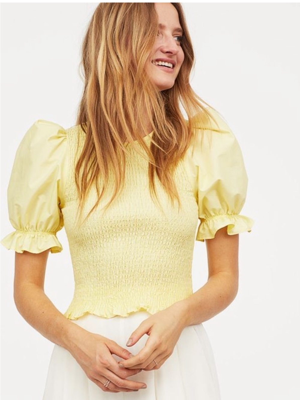 H&M Smocked Puff-Sleeve Top in Pale Yellow